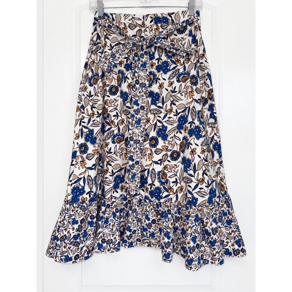 Shoshanna Blue White Floral Ruffle Midi Skirt with Tie Belt Size M 3991130